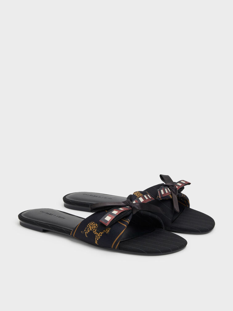 Satin Printed-Bow Slide Sandals, Black Textured, hi-res