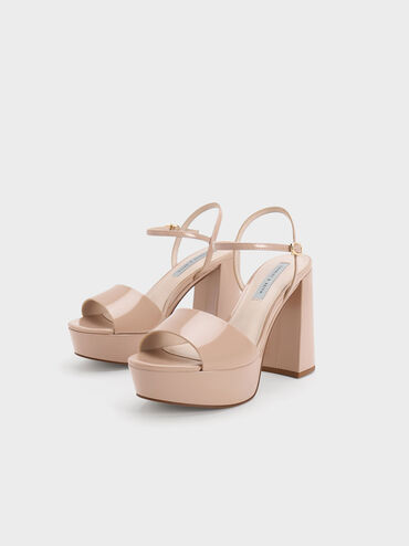 Halle Peep-Toe Patent Platform Sandals, Nude, hi-res