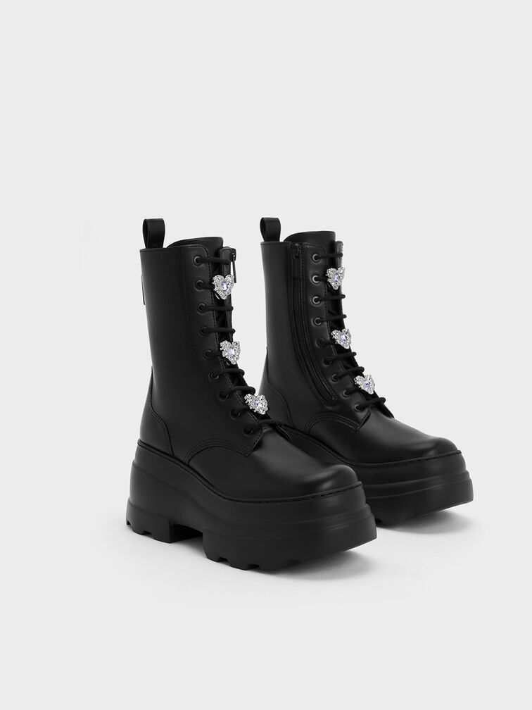 Heart-Embellished Lace-Up Platform Boots, Black, hi-res