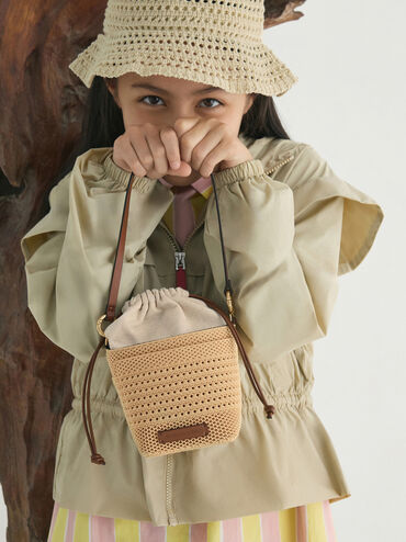 Girls' Ida Knitted Bucket Bag, Beige, hi-res