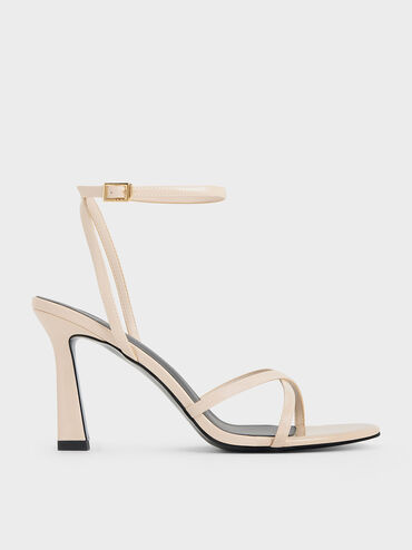 Patent Crossover-Strap Heeled Sandals, Cream, hi-res