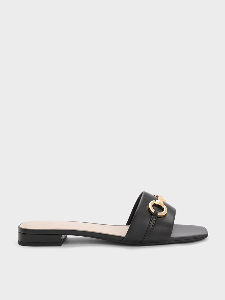 Metallic Bar Slide Sandals, Black, hi-res