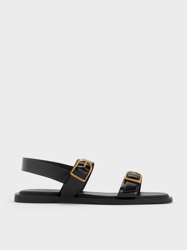 Double Buckle-Strap Slingback Sandals, Black Boxed, hi-res