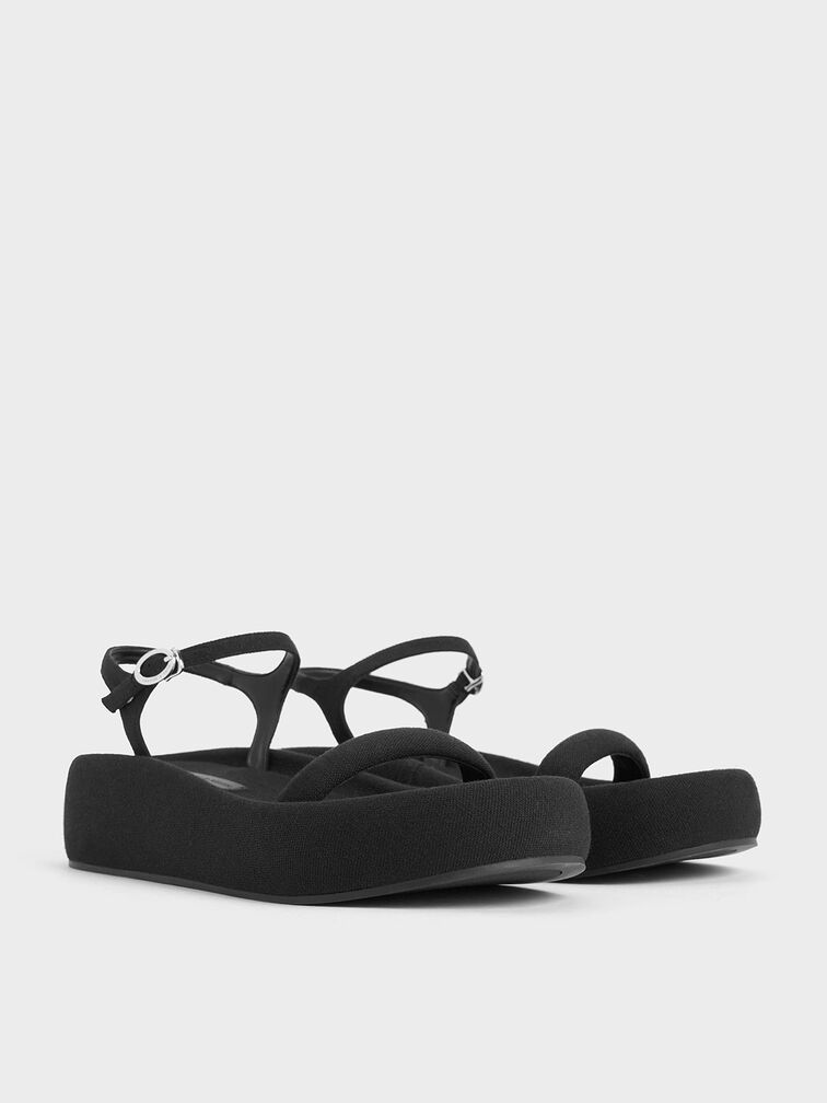 Linen Padded Flatform Sandals, Black Textured, hi-res