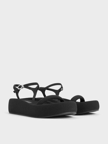 Linen Padded Flatform Sandals, Black Textured, hi-res