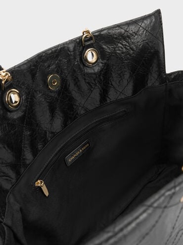 กระเป๋าเป้สองฟังก์ชันที่ปิดแบบเชือกรูดดีไซน์ลายควิลท์พร้อมสายโซ่ถักรุ่น Duo, สีดำ, hi-res