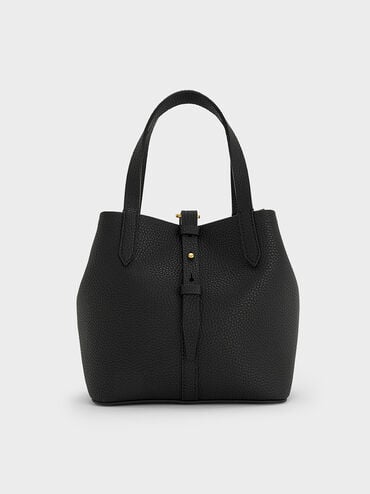 Beryl Recycled Leather Double-Handle Belted Bucket Bag, Black, hi-res