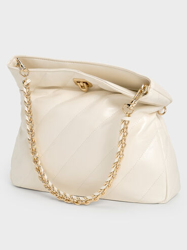 กระเป๋าสะพายไหล่ดีไซน์ลายเส้นพร้อมสายโซ่รุ่น Fawn, สีครีม, hi-res