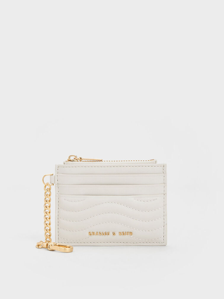 Aubrielle Stitch-Trim Zip Card Holder, White, hi-res
