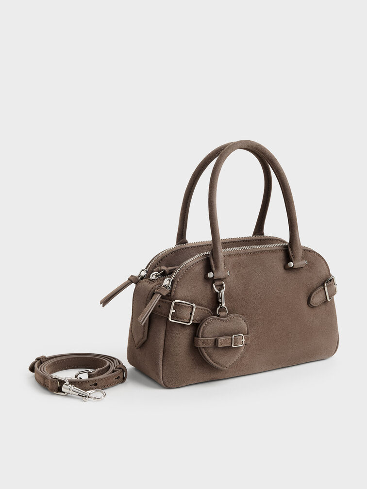 Nellie Heart-Charm Bowling Bag, Stone Grey, hi-res