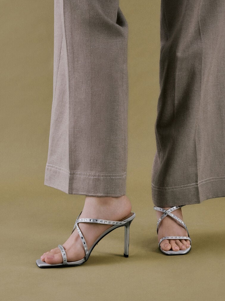 Recycled Polyester Gem-Embellished Strappy Heeled Mules, Silver, hi-res