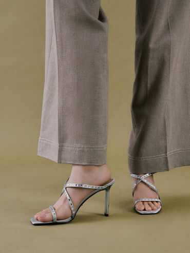 Recycled Polyester Gem-Embellished Strappy Heeled Mules, Silver, hi-res