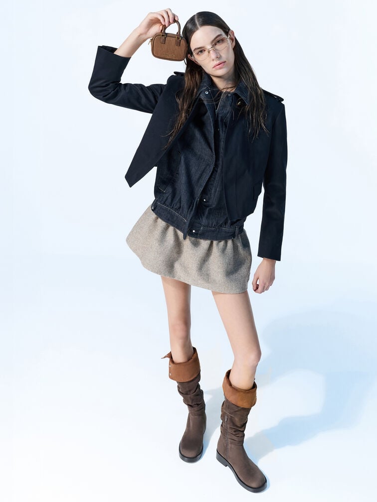 ชาร์มกระเป๋าทรงโบว์ลิ่งวัสดุผ้าลูกฟูกดีไซน์แบบทูโทนรุ่น Sianna, สีมอคค่าบราวน์, hi-res