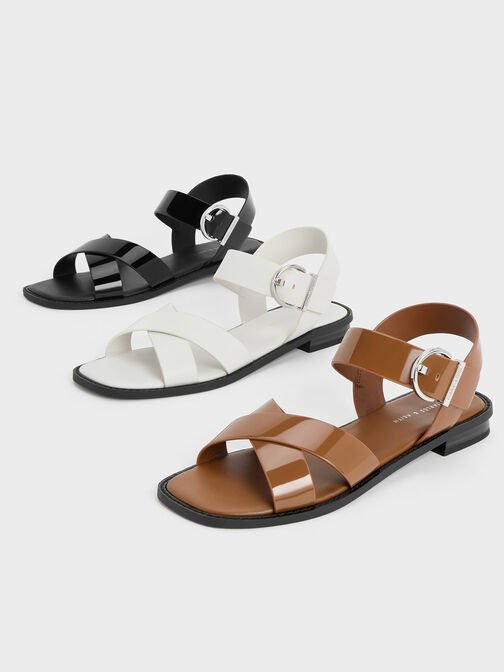 Patent Crossover Strap Sandals, Black Patent, hi-res