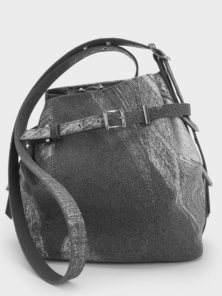 Bryna Brushed Denim Belted Bucket Bag, Silver Brushed Denim, hi-res