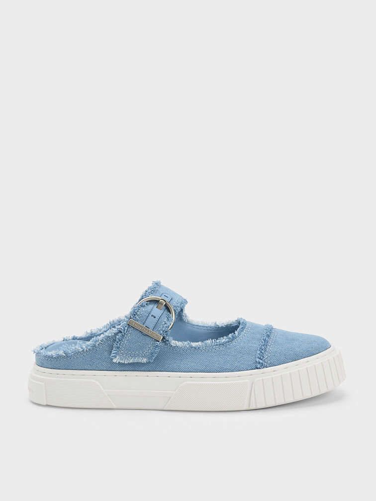 Denim Buckled Slip-On Sneakers, สีฟ้าอ่อน, hi-res