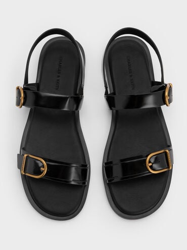Double Buckle-Strap Slingback Sandals, Black Boxed, hi-res