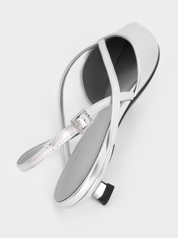 Metallic V-Strap Pointed-Toe Slingback Kitten Heels, Silver, hi-res