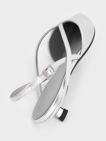 Metallic V-Strap Pointed-Toe Slingback Kitten Heels, Silver, hi-res