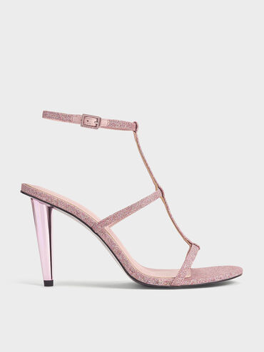 Glittered T-Bar Ankle-Strap Sandals, Pink, hi-res