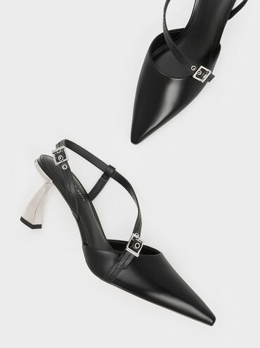 Asymmetric Curved Heel Slingback Pumps, Black, hi-res