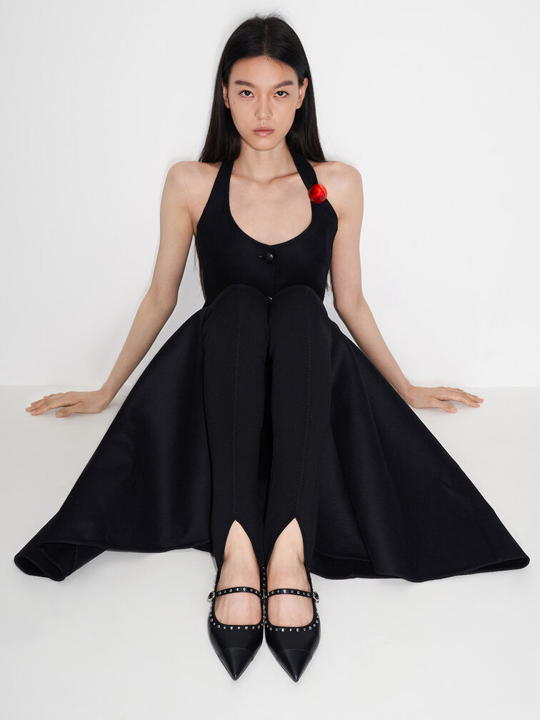 Studded Pointed-Toe Mary Jane Flats, สีดำ, hi-res