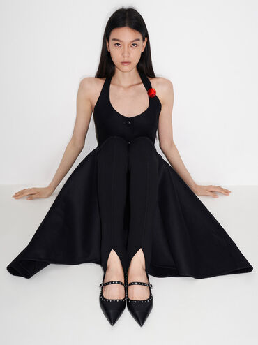 Studded Pointed-Toe Mary Jane Flats, สีดำ, hi-res
