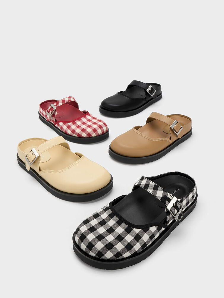 Gingham Buckled Flat Mules, , hi-res