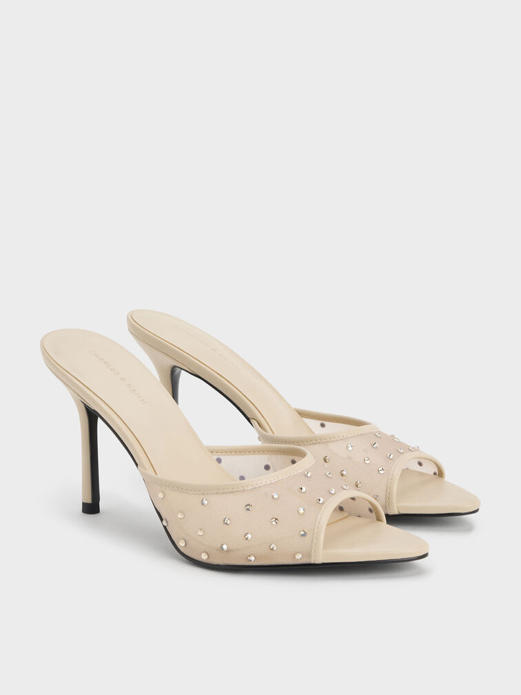 Mesh Crystal Peep-Toe Heeled Mules, Beige, hi-res