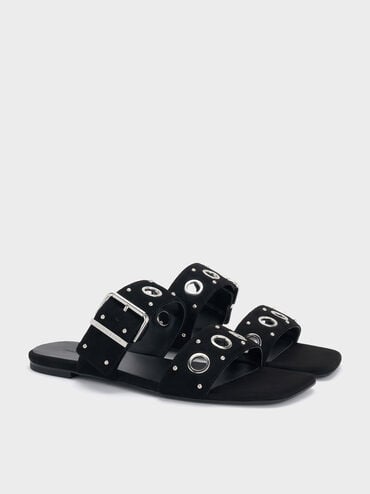 Faux Suede Grommet Buckled Slides, Black Textured, hi-res