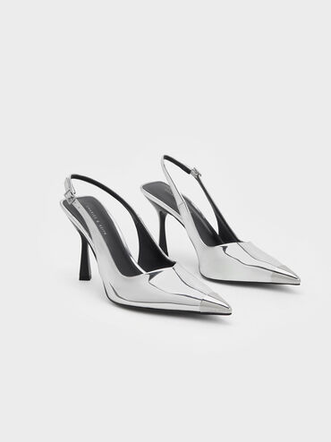 Metallic Cap Pointed-Toe Slingback Pumps, สีเงิน, hi-res