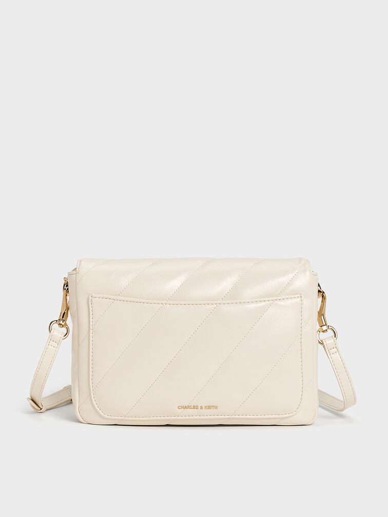 กระเป๋าสะพายไหล่ลายเส้นดีไซน์ที่ปิดด้านหน้ารุ่น Fawn, สีครีม, hi-res