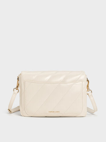 กระเป๋าสะพายไหล่ลายเส้นดีไซน์ที่ปิดด้านหน้ารุ่น Fawn, สีครีม, hi-res