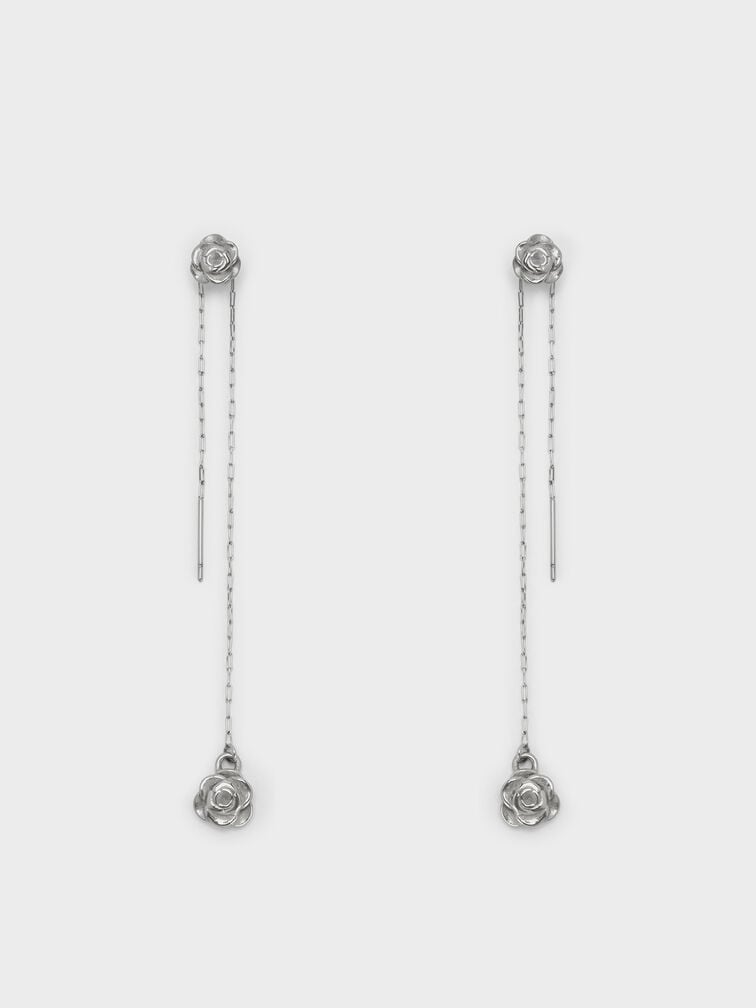 Rosalind Flower-Motif Asymmetric Drop Earrings, Brushed Silver, hi-res
