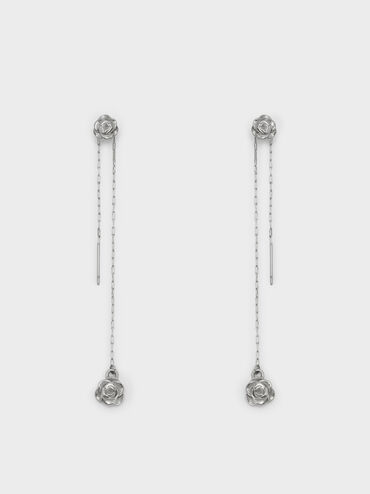 Rosalind Flower-Motif Asymmetric Drop Earrings, Brushed Silver, hi-res