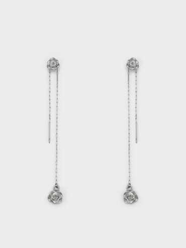 Rosalind Flower-Motif Asymmetric Drop Earrings, Brushed Silver, hi-res