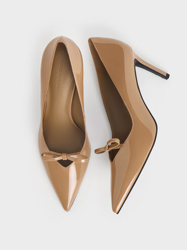 Patent Bow Pointed-Toe Stiletto-Heel Pumps, Caramel, hi-res