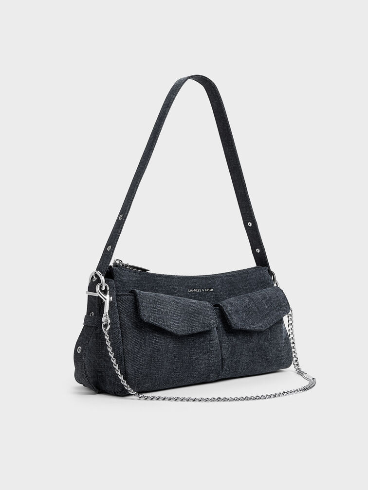 Rachel Denim Front-Pocket Chain Shoulder Bag, Denim Blue, hi-res