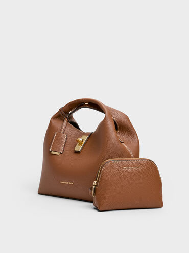 กระเป๋าทรงถังตกแต่งตัวล็อคแบบหมุนรุ่น Chance, สีช็อคโกแลต, hi-res