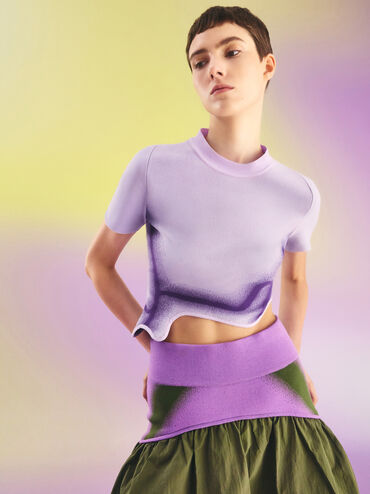 เสื้อครอปชายระบายลอนลายคลื่นวัสดุโพลีเอสเตอร์รีไซเคิลแบบไล่เฉดสี, สีไลแลค, hi-res
