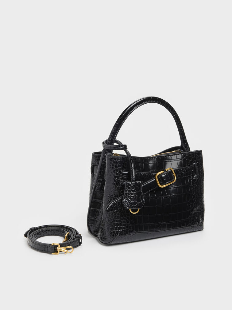 Victoria Croc-Effect Belted Top Handle Bag, Black Croco, hi-res