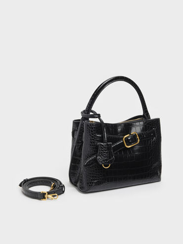 Victoria Croc-Effect Belted Top Handle Bag, Black Croco, hi-res