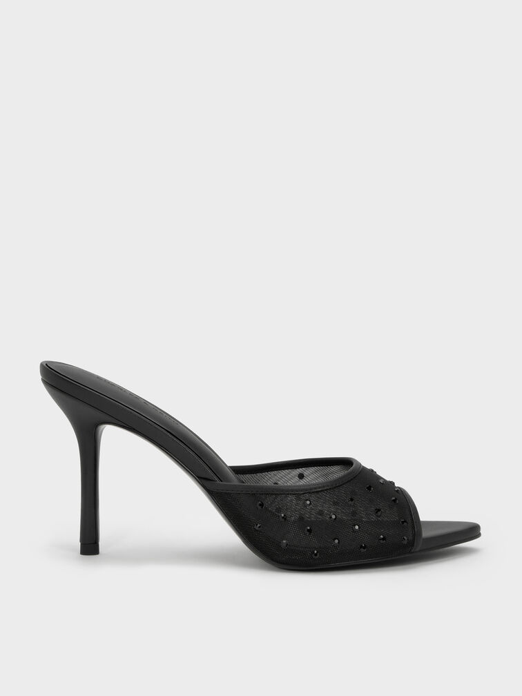 Mesh Crystal Peep-Toe Heeled Mules, Black Textured, hi-res
