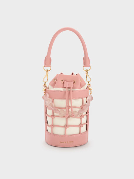 Heart Motif Caged Bucket Bag, สีมัลติ, hi-res