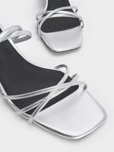 Metallic Strappy Ankle-Strap Kitten-Heel Sandals, Silver, hi-res
