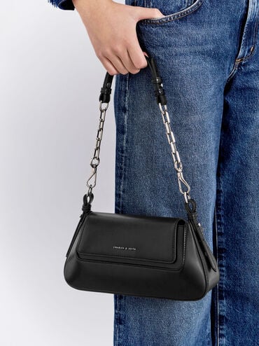 Olivia Trapeze Shoulder Bag, สีดำอะไหล่สีเงิน, hi-res
