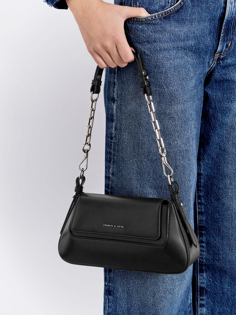 Olivia Trapeze Shoulder Bag, สีดำอะไหล่สีเงิน, hi-res
