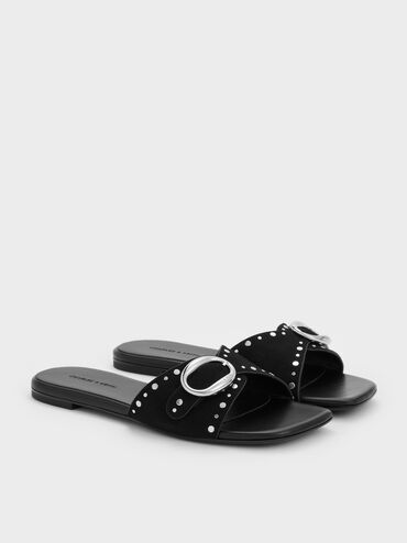 Studded Buckled Slide Sandals, Black, hi-res