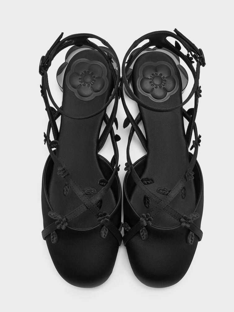 Floral-Vine Ankle-Strap Flats, Black Textured, hi-res