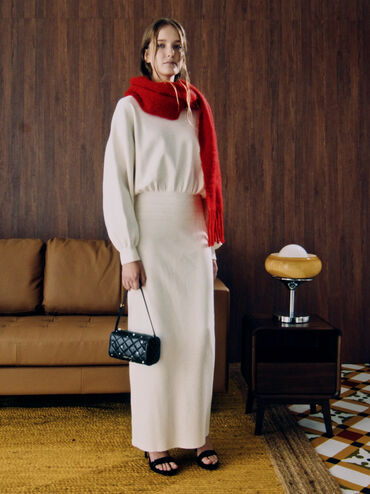 กระเป๋าสะพายไหล่ดีไซน์ลายควิลท์ประดับมุกรุ่น Janie, สีดำ, hi-res